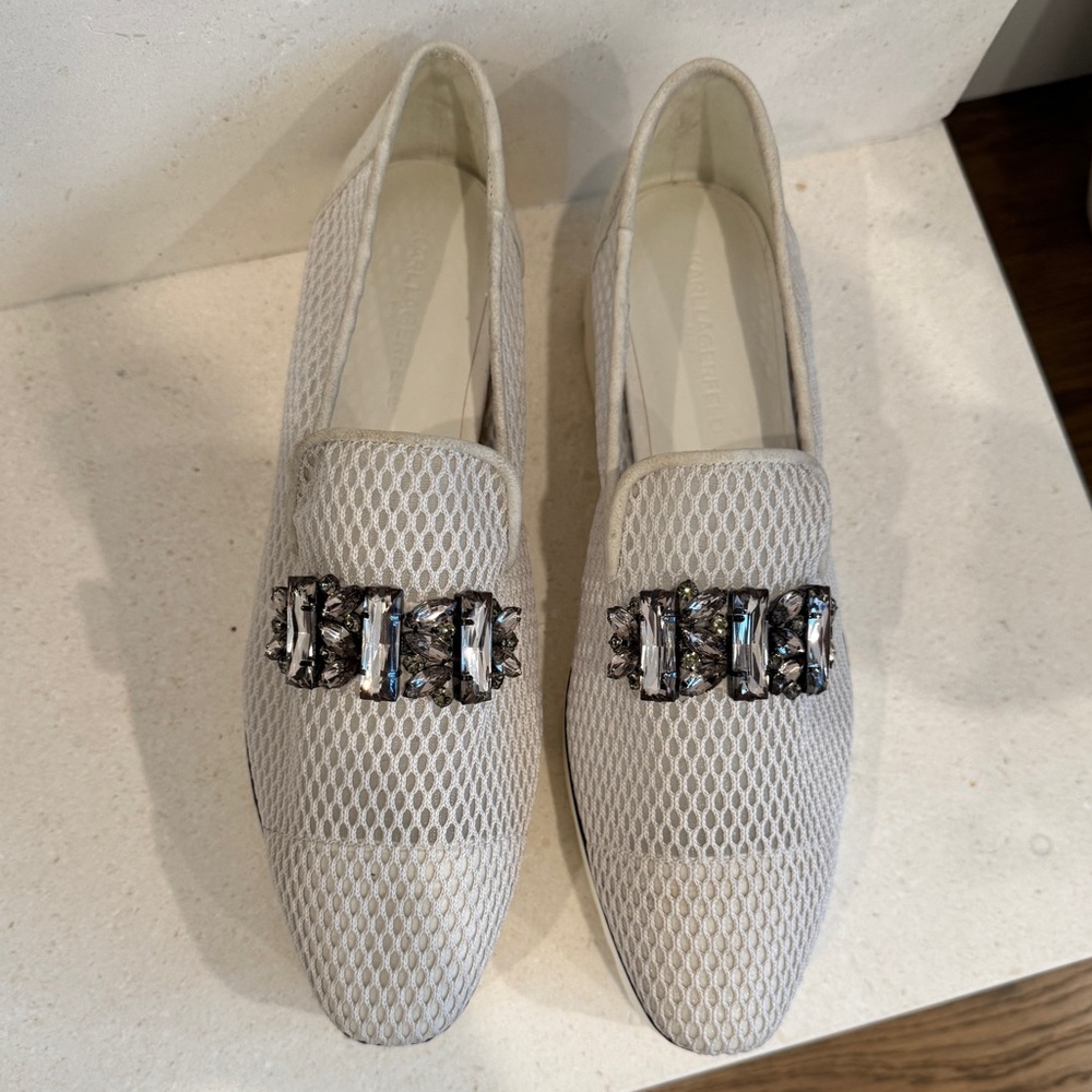 Karl Lagerfeld Cream Mesh Platform Loafer with Jewel Accents - Size 11 - Picture 3 of 11
